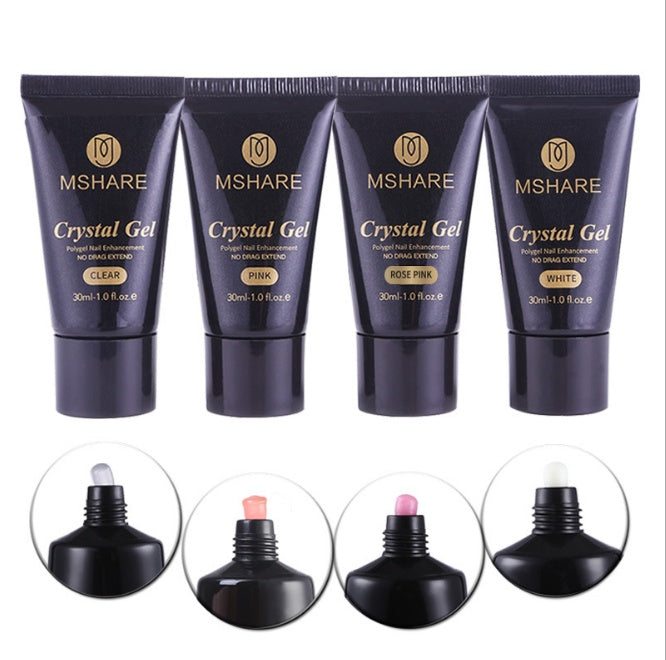 Four tubes of MSHARE Crystal Gel with close-up insets showing the gel application.