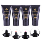 Four tubes of MSHARE Crystal Gel with close-up insets showing the gel application.