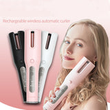 Rechargeable wireless automatic curler with three color options and a model using it on a pink background.