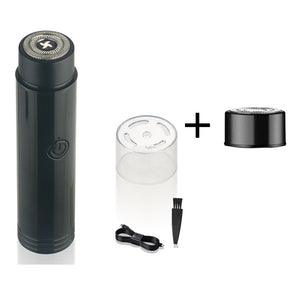 Portable electric shaver with a man using it on a light gray background