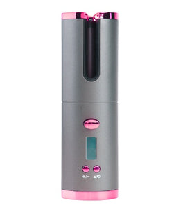 Hair styling device with images of women with styled hair on a pink background