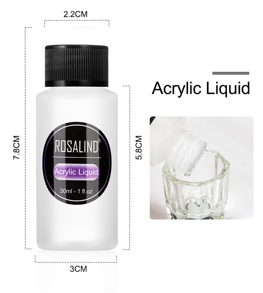 Bottle of Rosalind acrylic liquid with measurements and an inset showing its use.