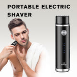 Portable electric shaver with a man using it on a light gray background