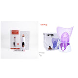 Purple and white device with packaging on a white background