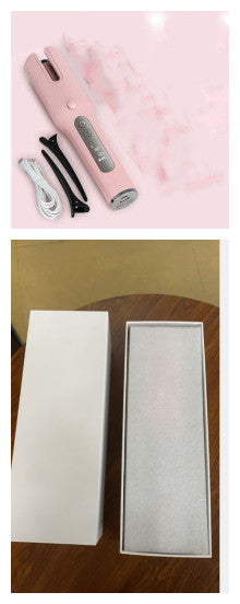 Pink electronic device with accessories on a pink background, and a white box on a wooden surface.