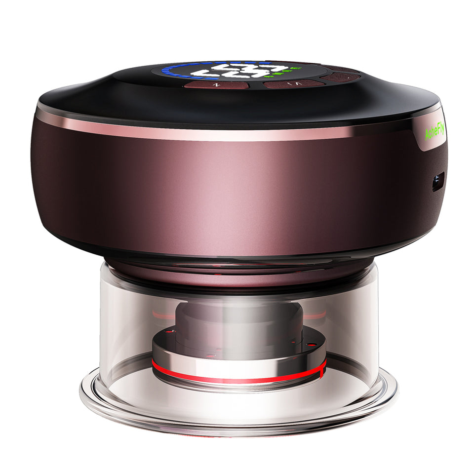 Round electronic device with a metallic finish on a white background