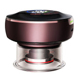 Round electronic device with a metallic finish on a white background