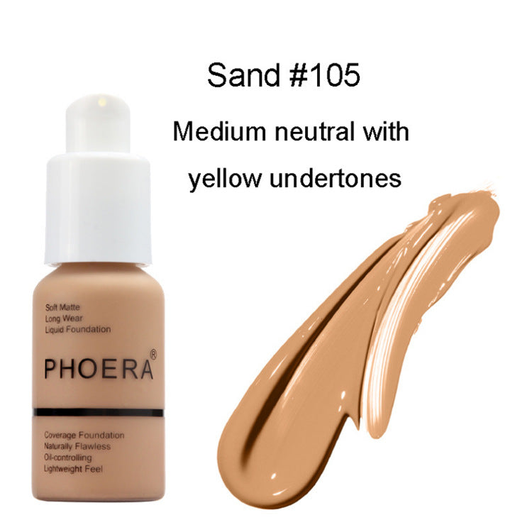 PHOERA foundation bottle with 'Sand #105' swatch on a white background