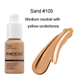 PHOERA foundation bottle with 'Sand #105' swatch on a white background