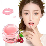 Lips mask product with cherry illustration and woman applying it to lips
