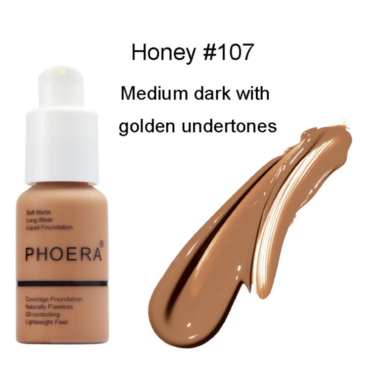 PHOERA foundation bottle with 'Honey #107' swatch on a white background
