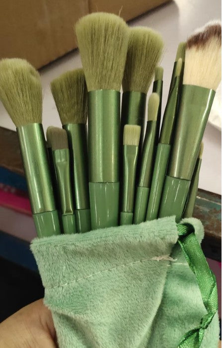 Set of green makeup brushes in a green case held by a hand.