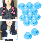 Before and after comparison of hair styling with blue hair rollers.