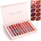 Set of CmaaDu lipsticks in a pink case with color swatches on a white background