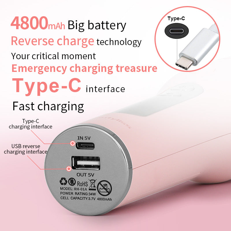 Pink power bank with Type-C interface and charging details on a pink background