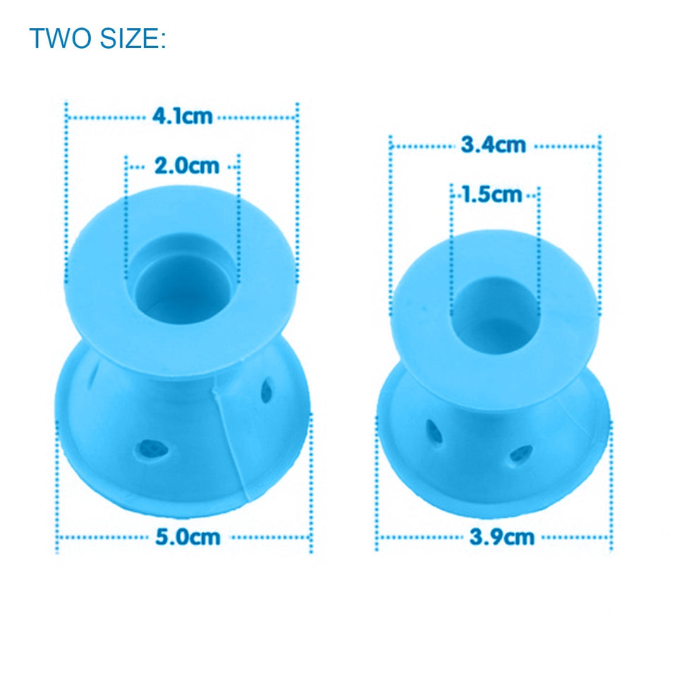 Two blue silicone cups with measurements on a white background