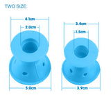Two blue silicone cups with measurements on a white background