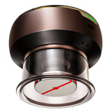 Close-up of a ceiling light fixture with a brand logo on a white background