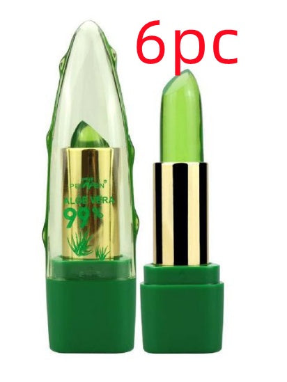 Green aloe vera lip balm with gold cap on a white background