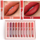 Set of lipsticks with close-up shots on lips and a box containing multiple lipsticks.