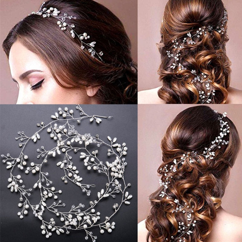 Silver hair vine with leaves worn by a model in various hairstyles on a neutral background.