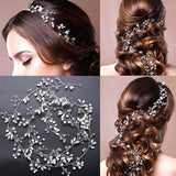 Silver hair vine with leaves worn by a model in various hairstyles on a neutral background.