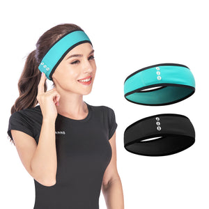 Woman wearing a turquoise headband with inset images of black and turquoise headbands.